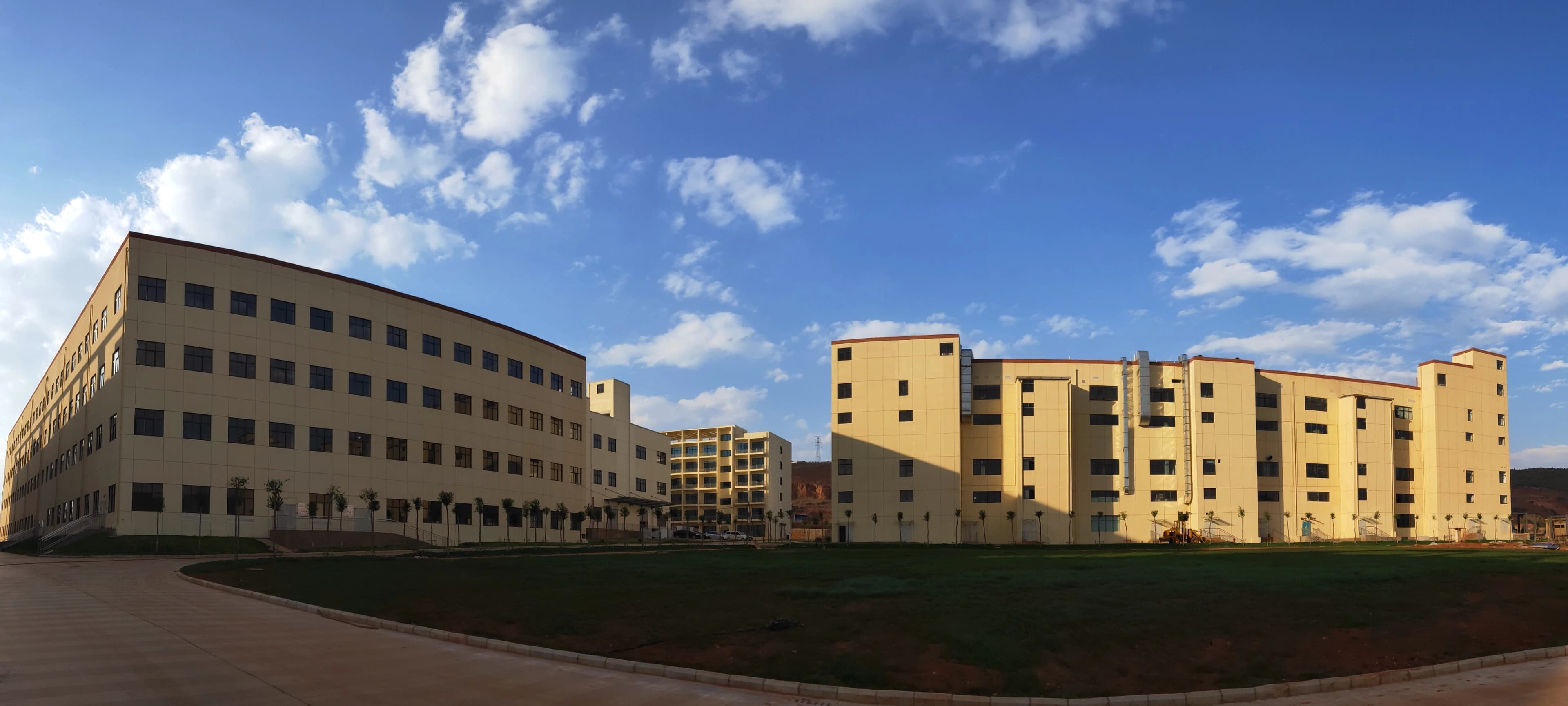 Campus buildings with landscaped grounds