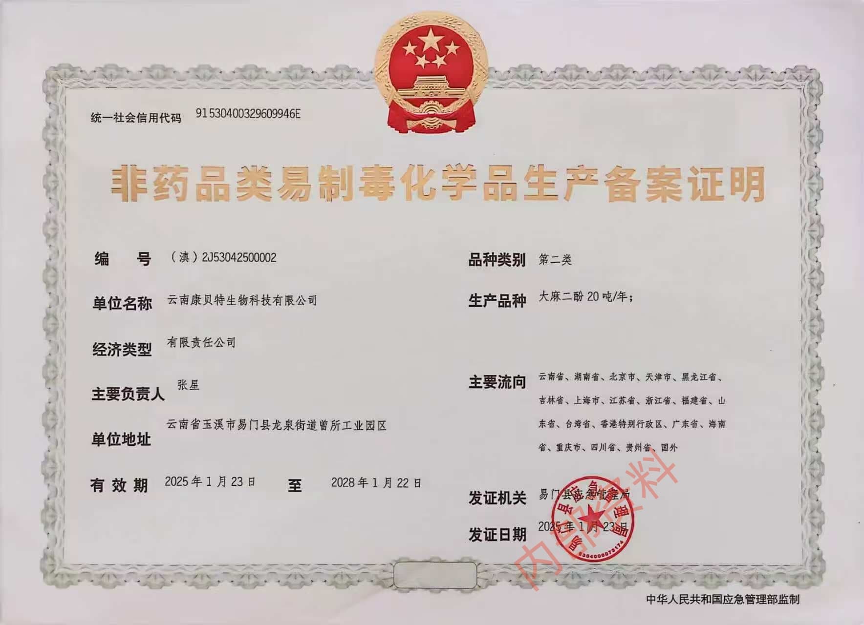 Vetrux precursor chemical production filing certificate